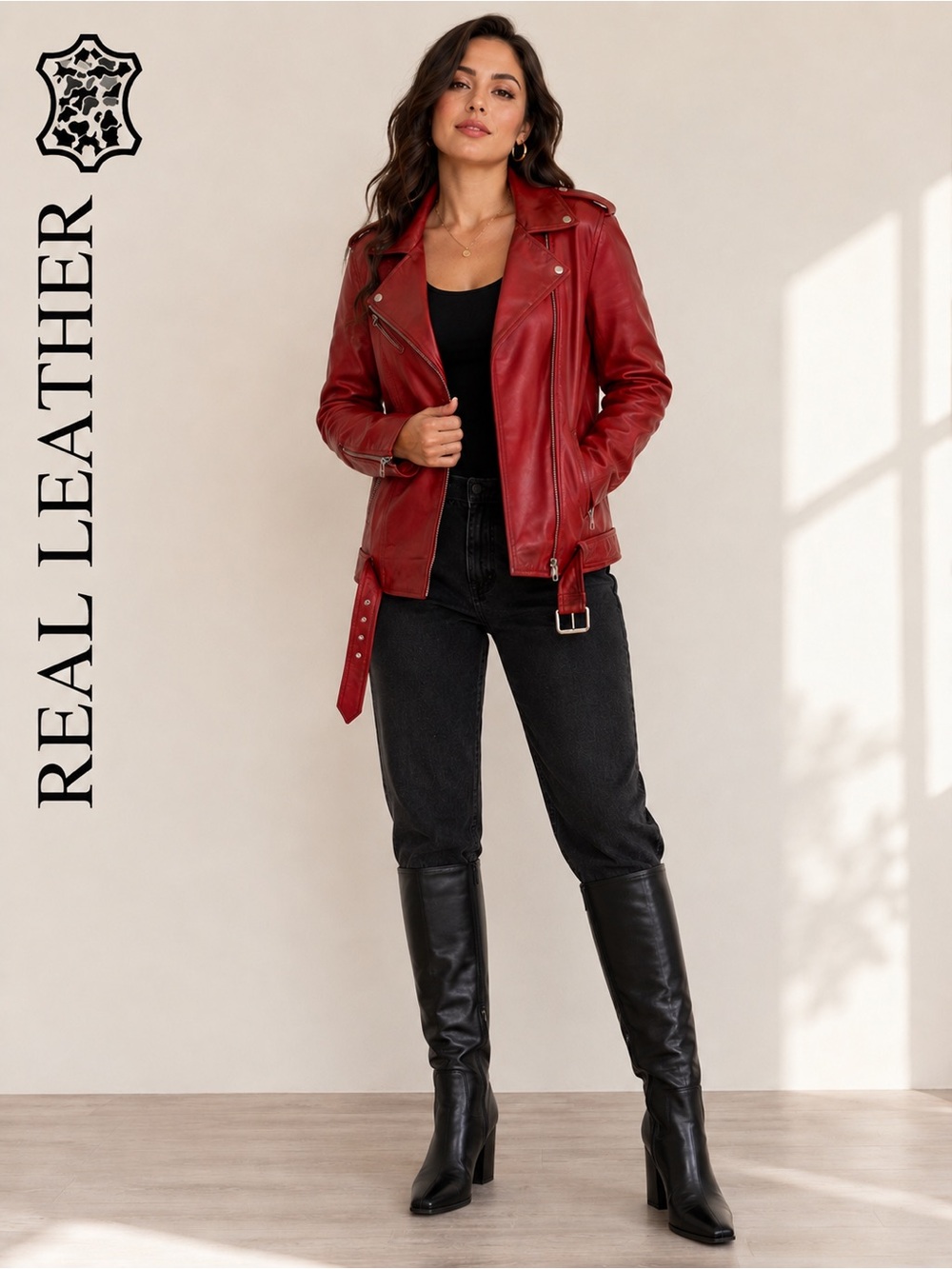Real Leather Red Moto Biker Jacket Asymmetric Zip Womens 2XL Streetwear Washed